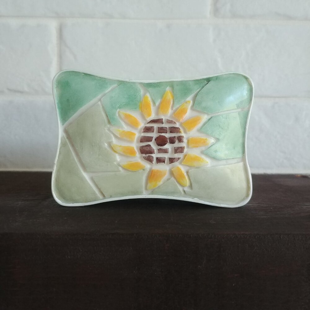 4/$20 Small sunflower tile top ceramic type box green yellow white